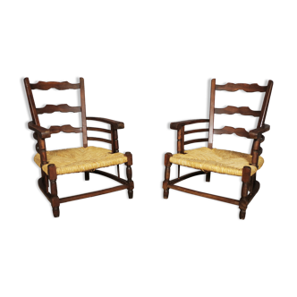 Vintage wooden armchairs with straw low seat, 1920s, set of 2