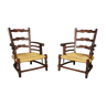 Vintage wooden armchairs with straw low seat, 1920s, set of 2