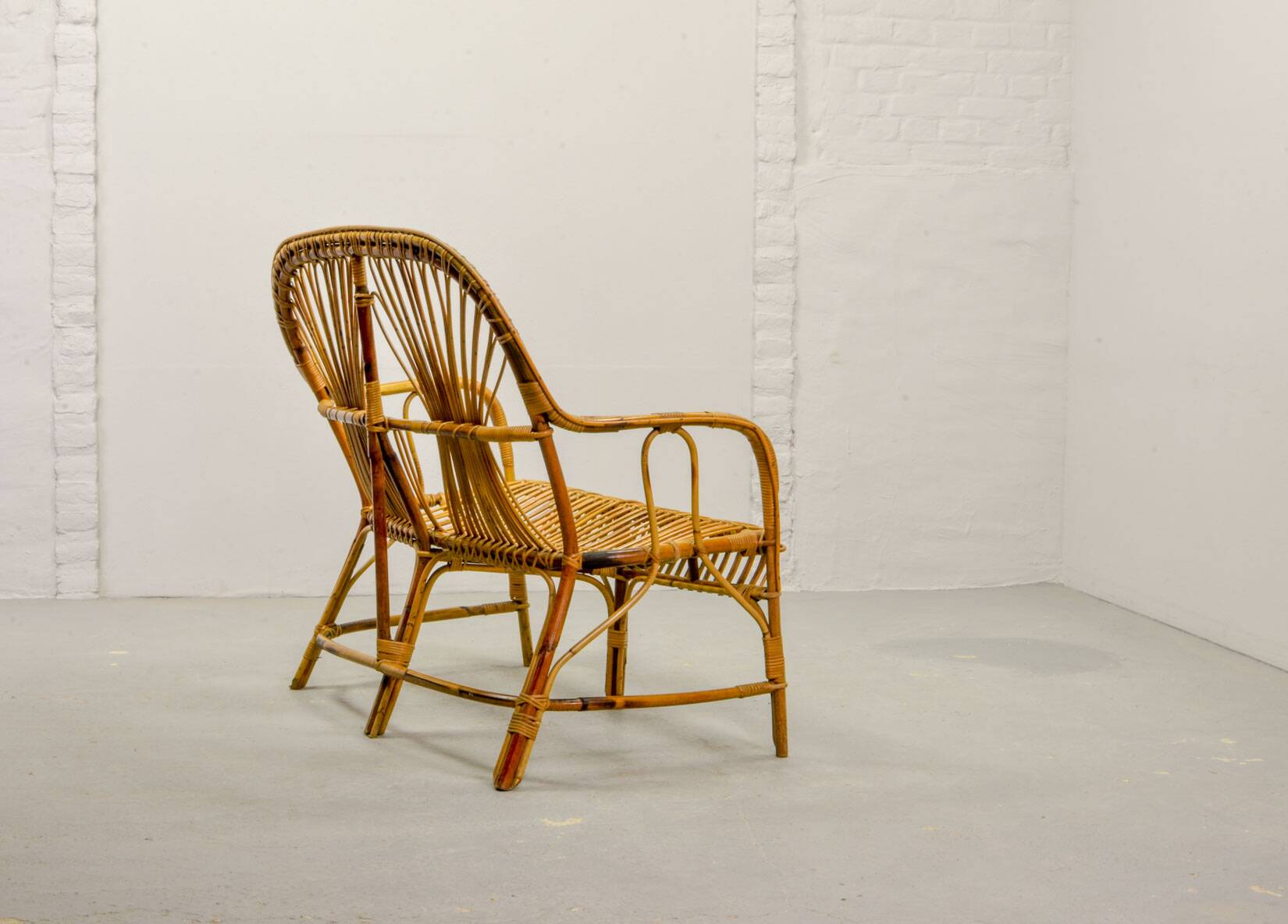 Elegant Rohé Style Vintage Design Rattan Bamboo Two-Seat Patio Sofa, 1950s.