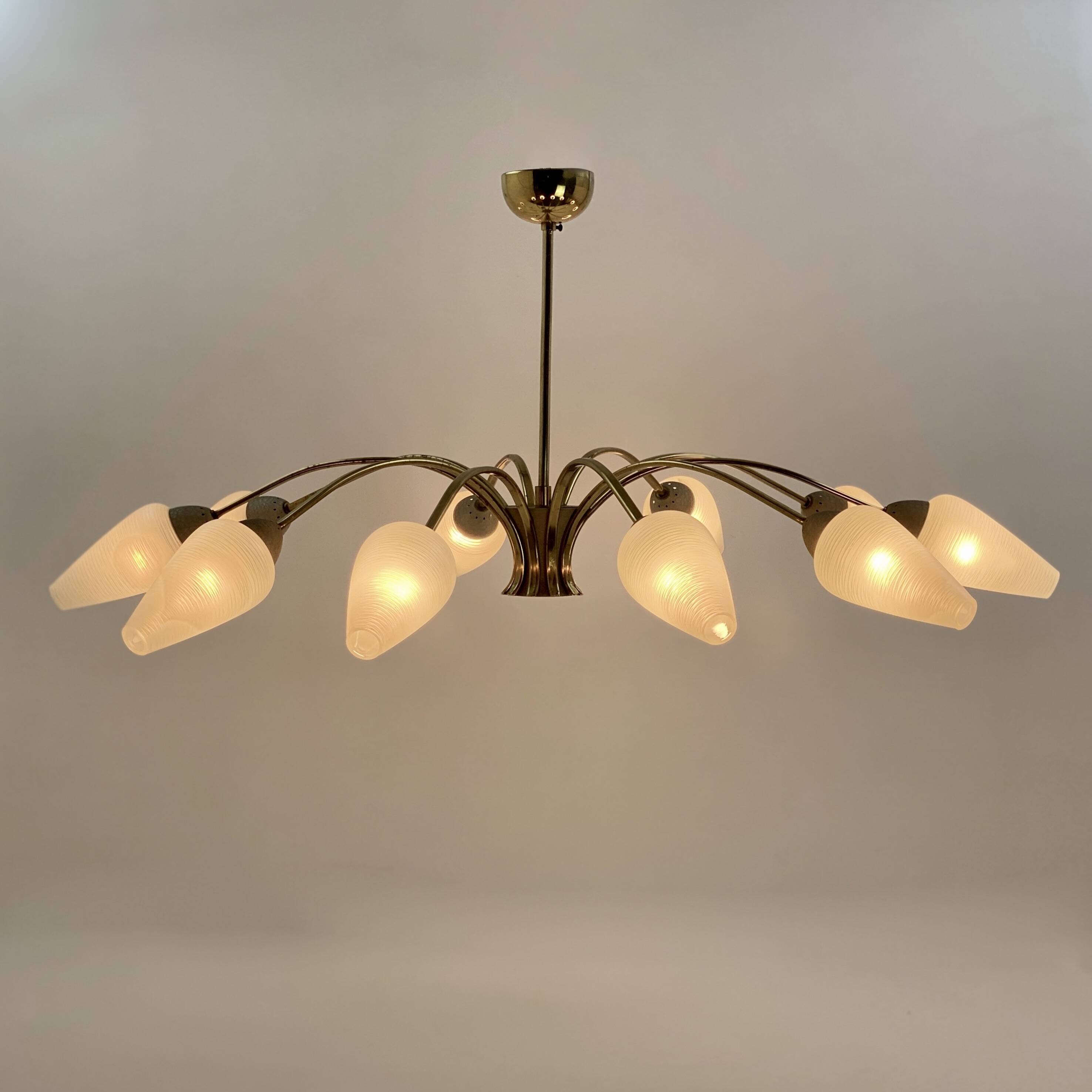 Brass chandelier, textured glass, 1960.