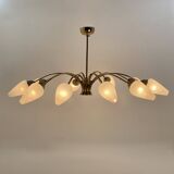 Brass chandelier, textured glass, 1960.