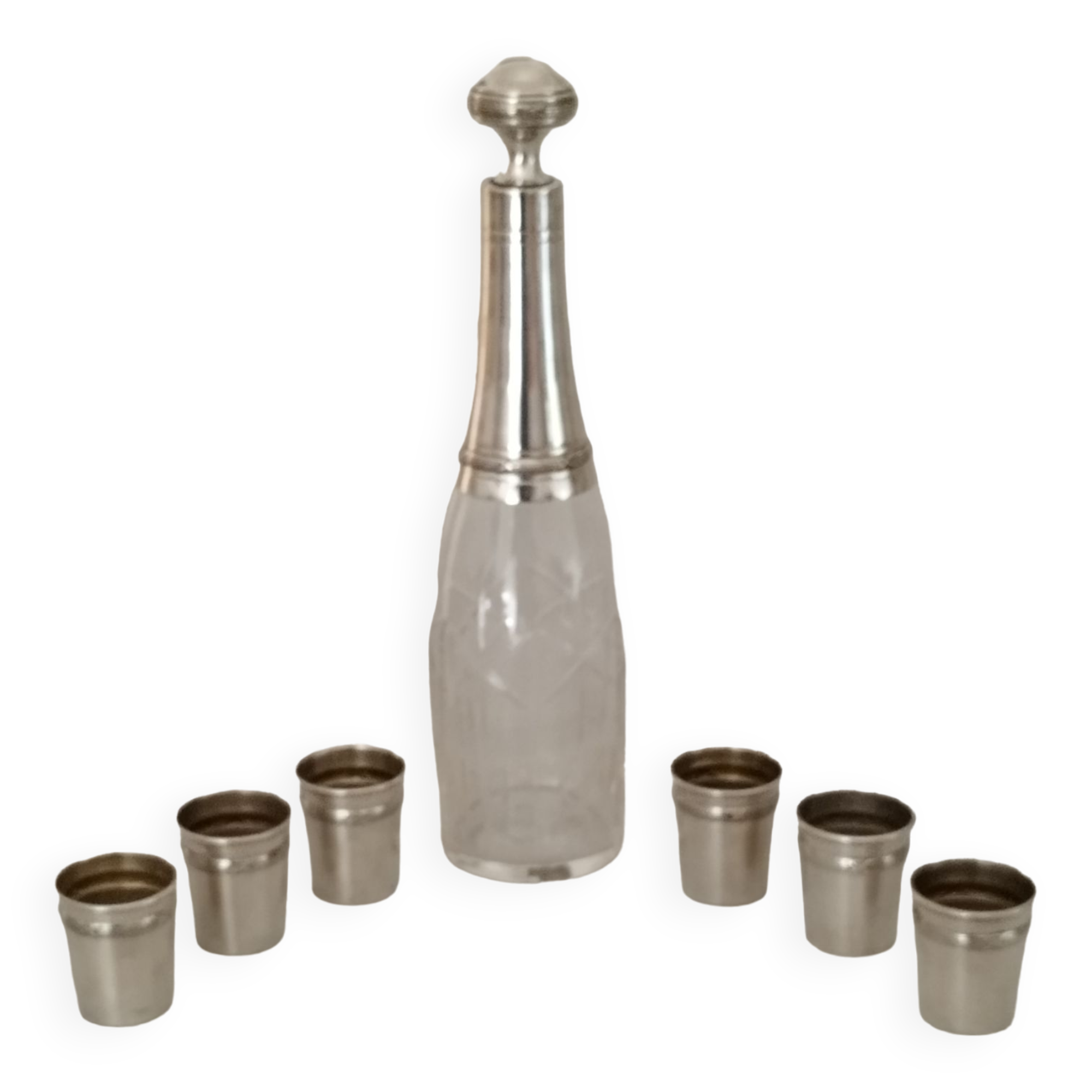 Liquor service crystal carafe glasses silver metal