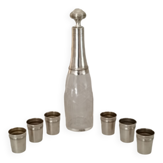 Liquor service crystal carafe glasses silver metal