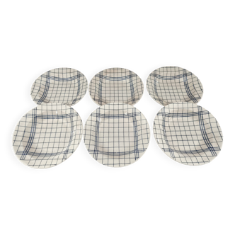Set of 6 Gien France soup plates with blue checkered tea towel decoration