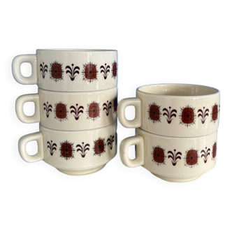 cup vintage 1970s pattern, set of 5 seventies mug stackable cup beige and brown pattern