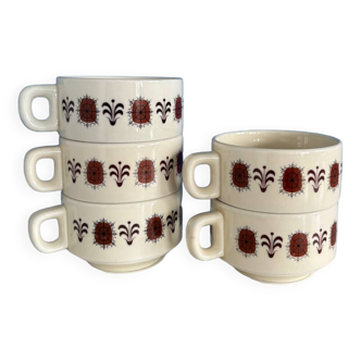 5 tasses à motifs bruns, années 1970