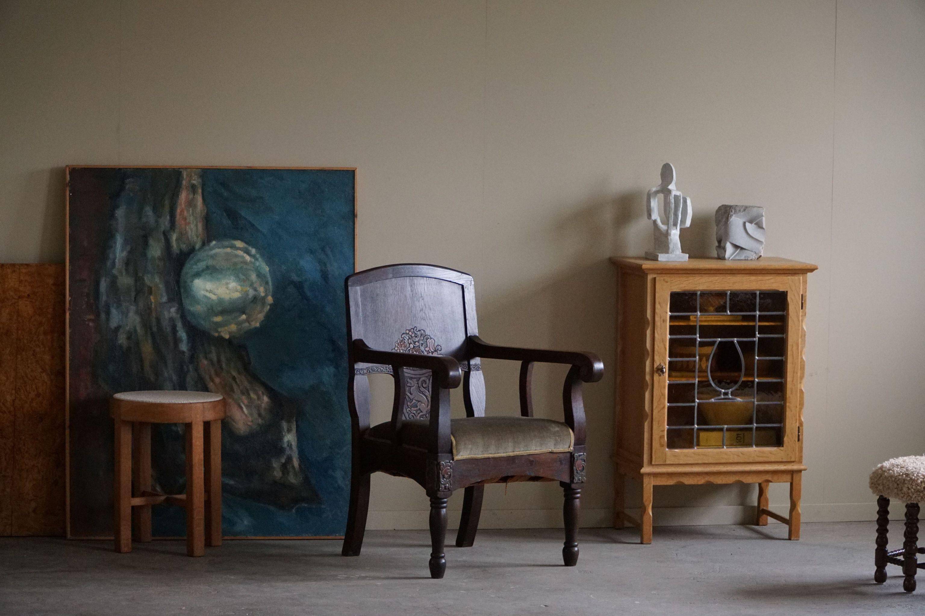 Hand-carved oak and velvet armchair, Danish furniture maker, Art Nouveau, 1939