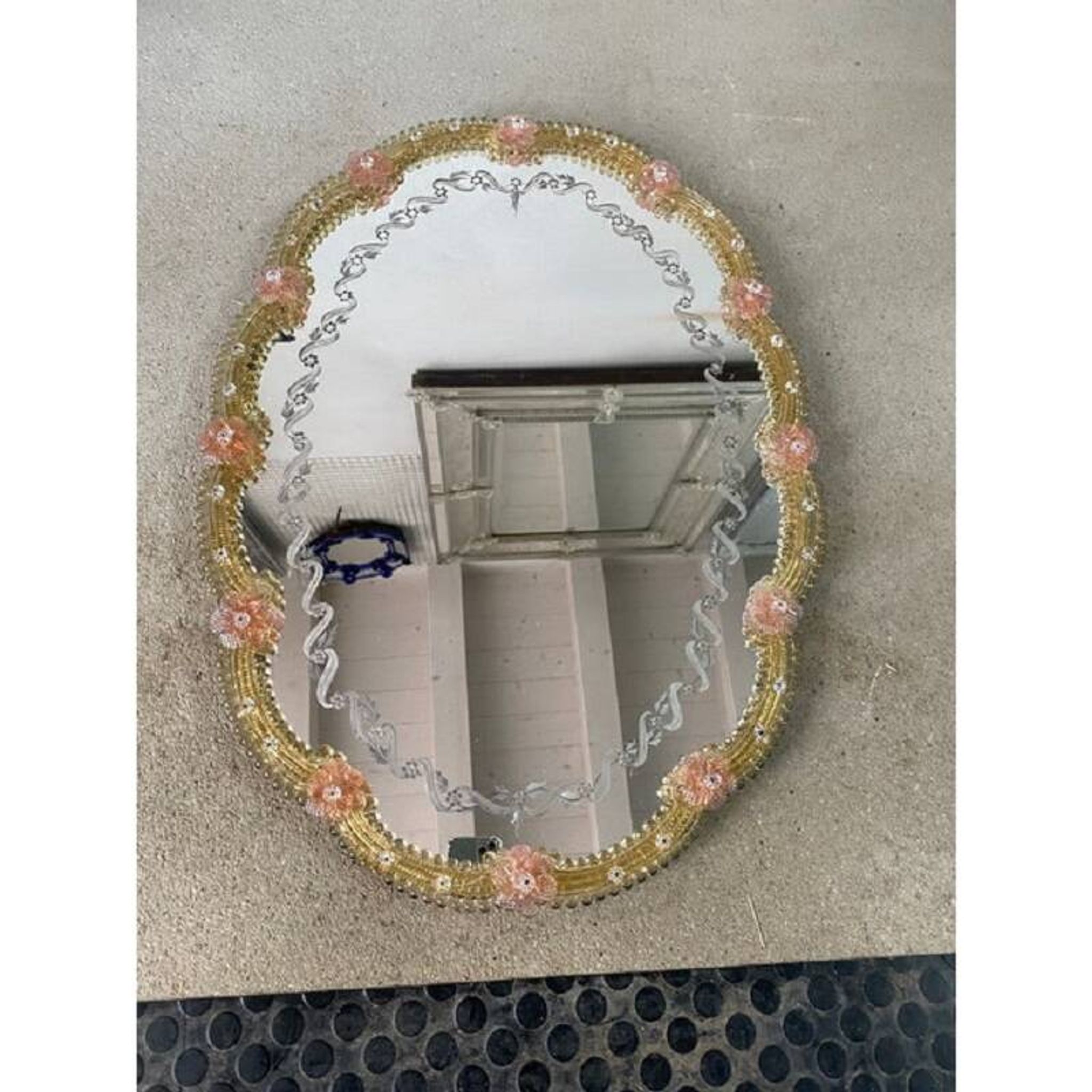 2000s venetian oval gold and pink floreal hand-carving mirror in murano glass style