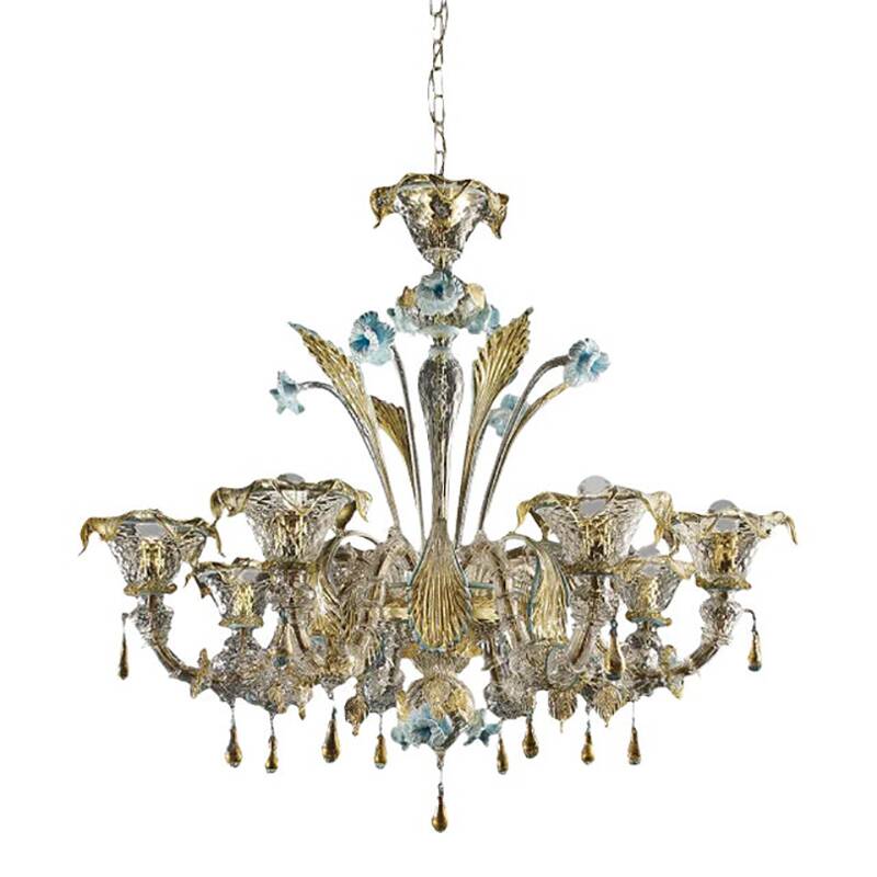 Contemporary Venetian Transparent-Gold Murano Style Glass Chandelier With Leaves and Turquoise Flowe