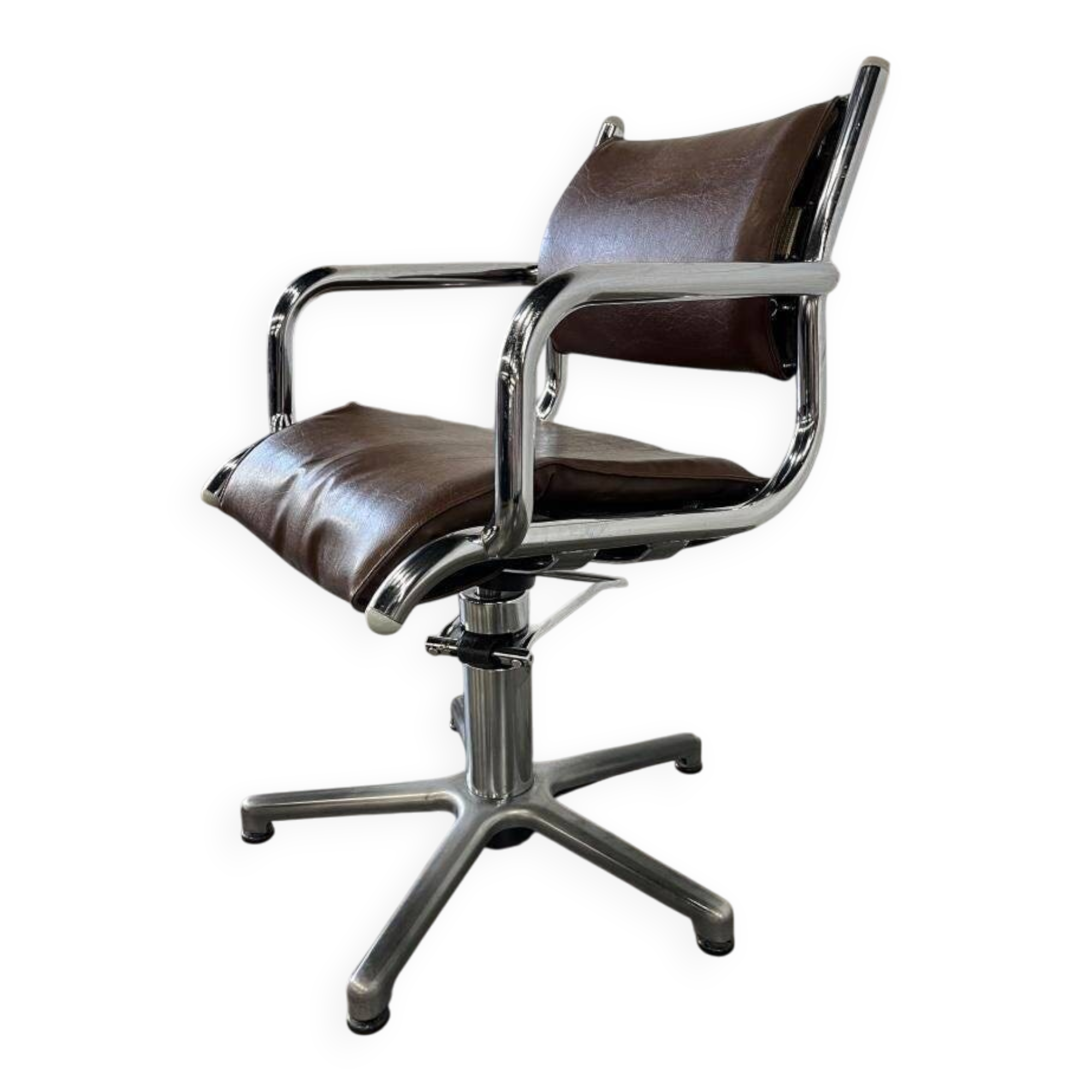 Chaise de bureau vintage brune avec cadre chromé