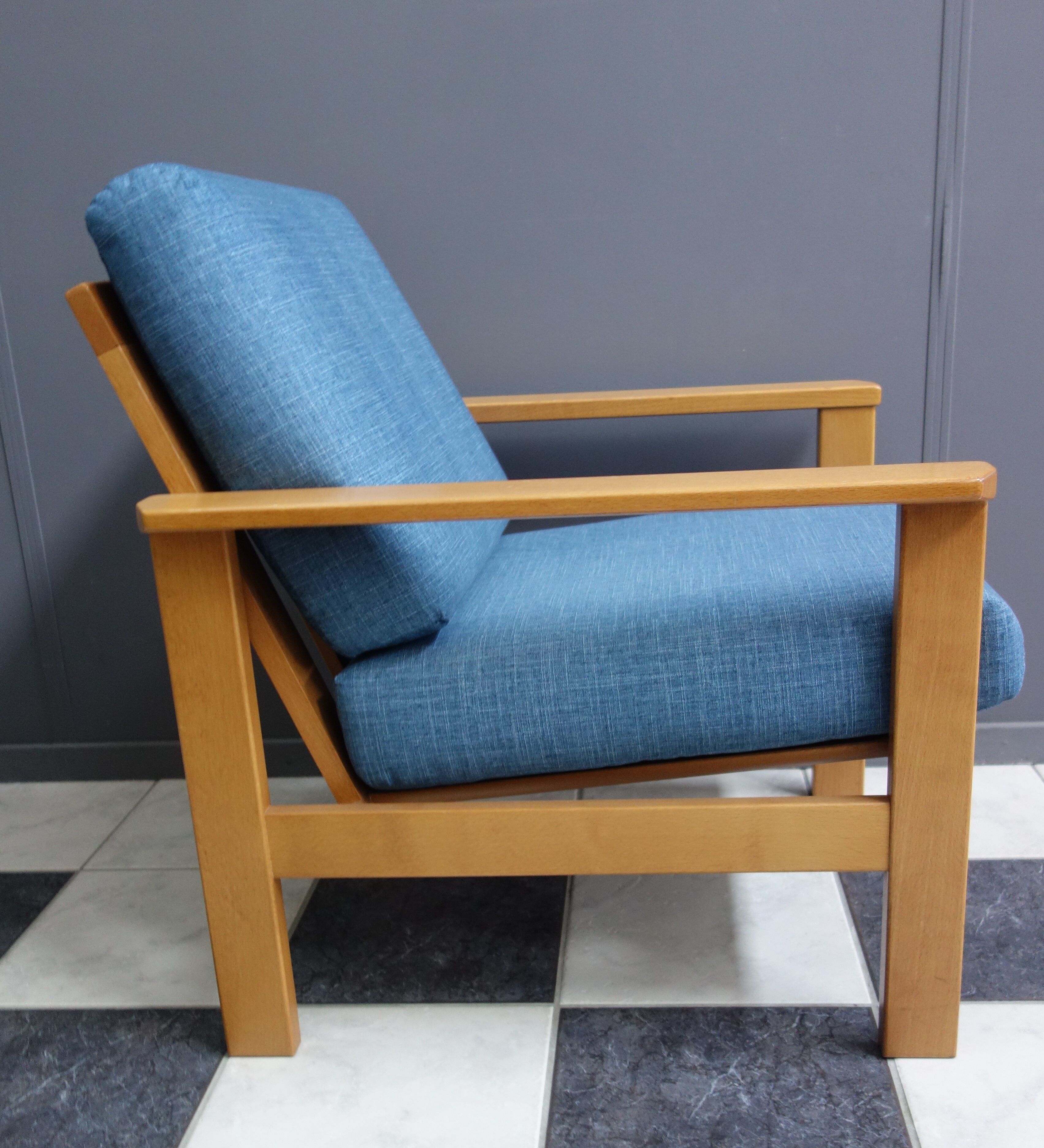 Blue fabric easy chair  in blonde wood frame 1960s