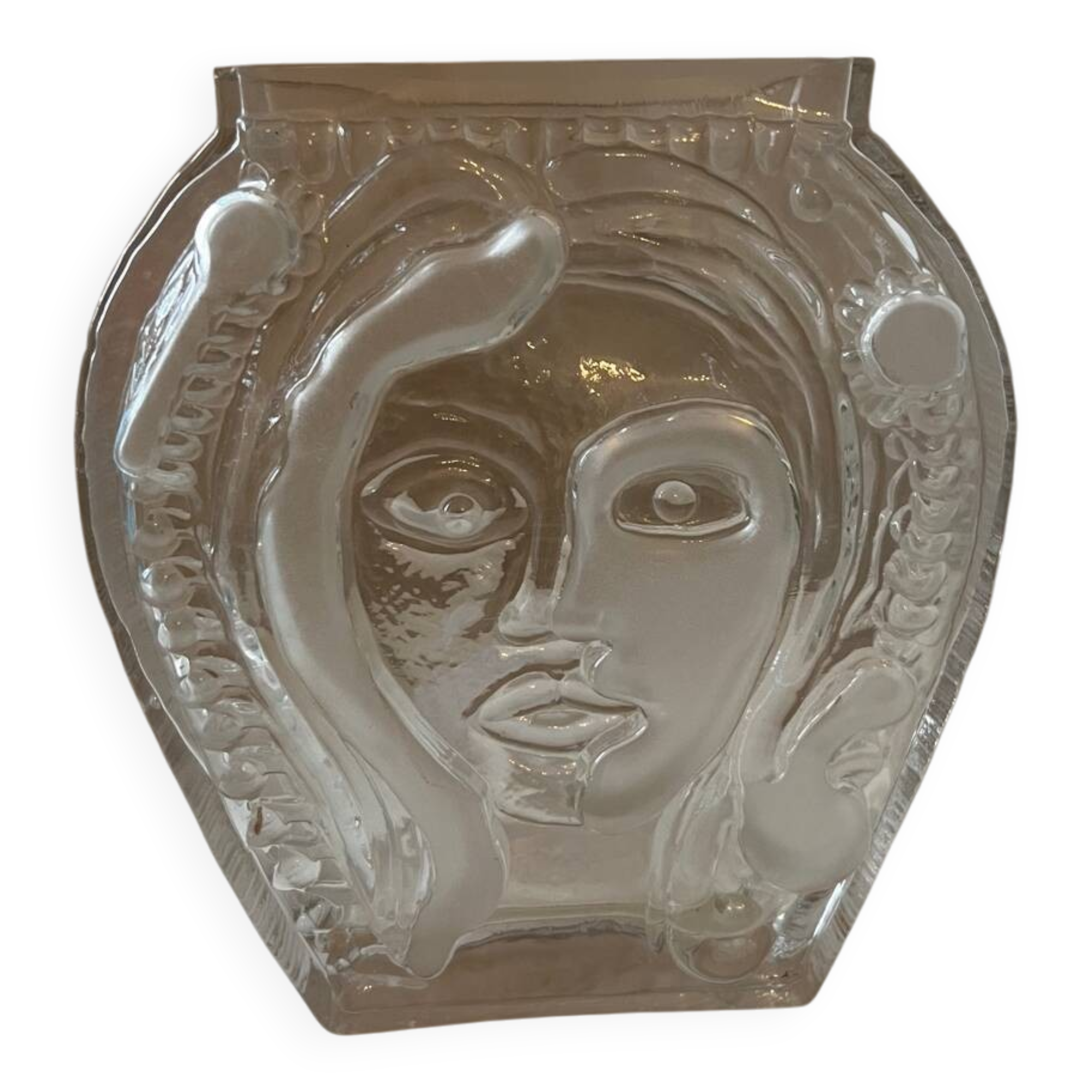 Moulded glass vase with Cubist portrait decoration, modern, 1970.
