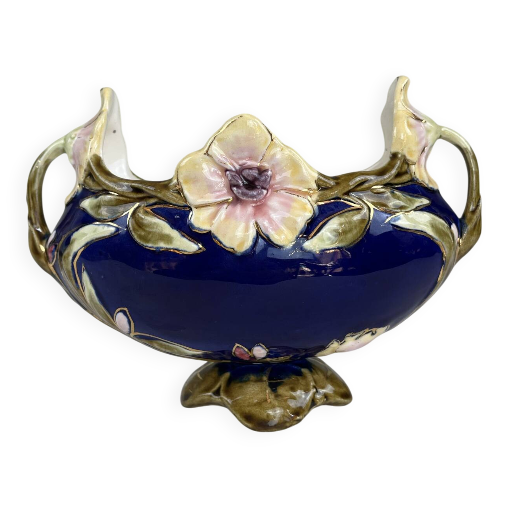 Art Nouveau navy blue barbotine bowl with raised floral decoration