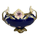 Art Nouveau navy blue barbotine bowl with raised floral decoration