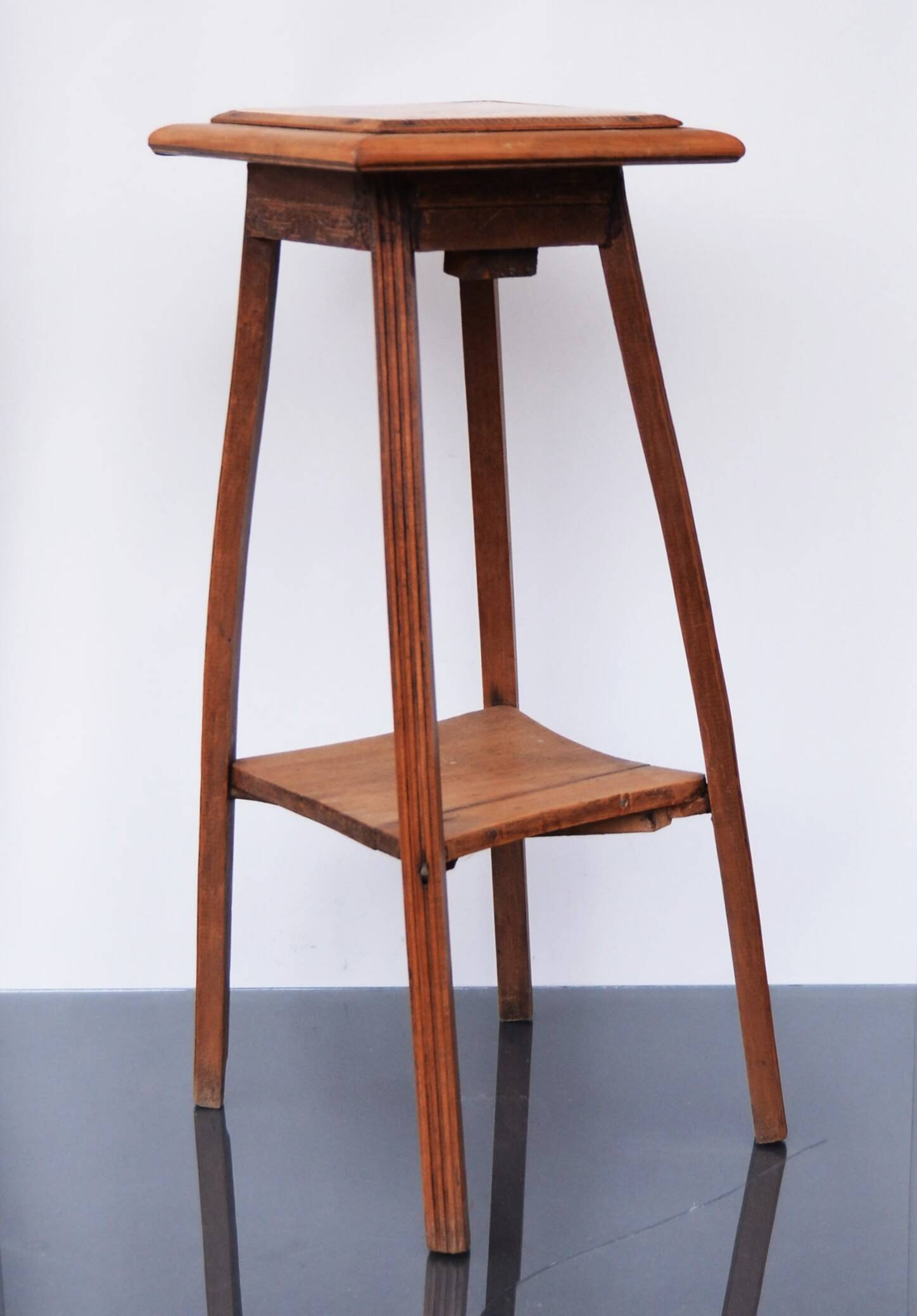 Art Nouveau wood stand planter with stone plaque