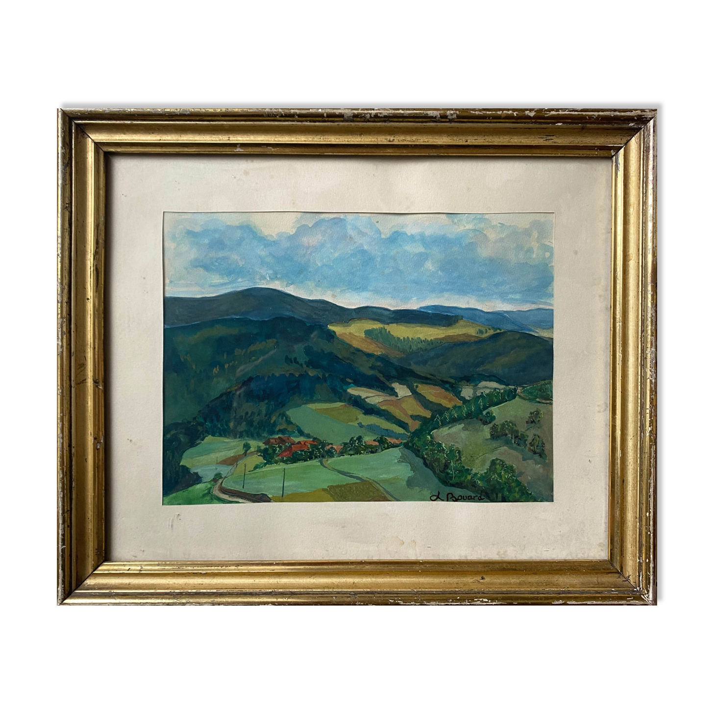 Gouache painting "View of the Valley" signed L. Bouard + frame