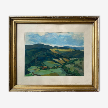 Gouache painting "View of the Valley" signed L. Bouard + frame