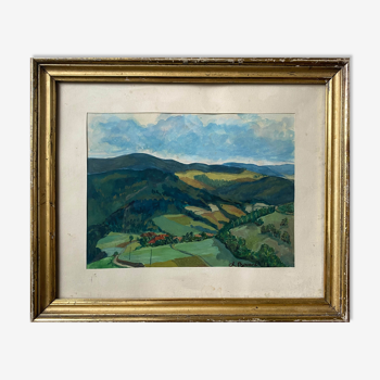 Tableau gouache "Vue de la Vallée" signée L. Bouard + cadre