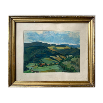 Gouache painting "View of the Valley" signed L. Bouard + frame