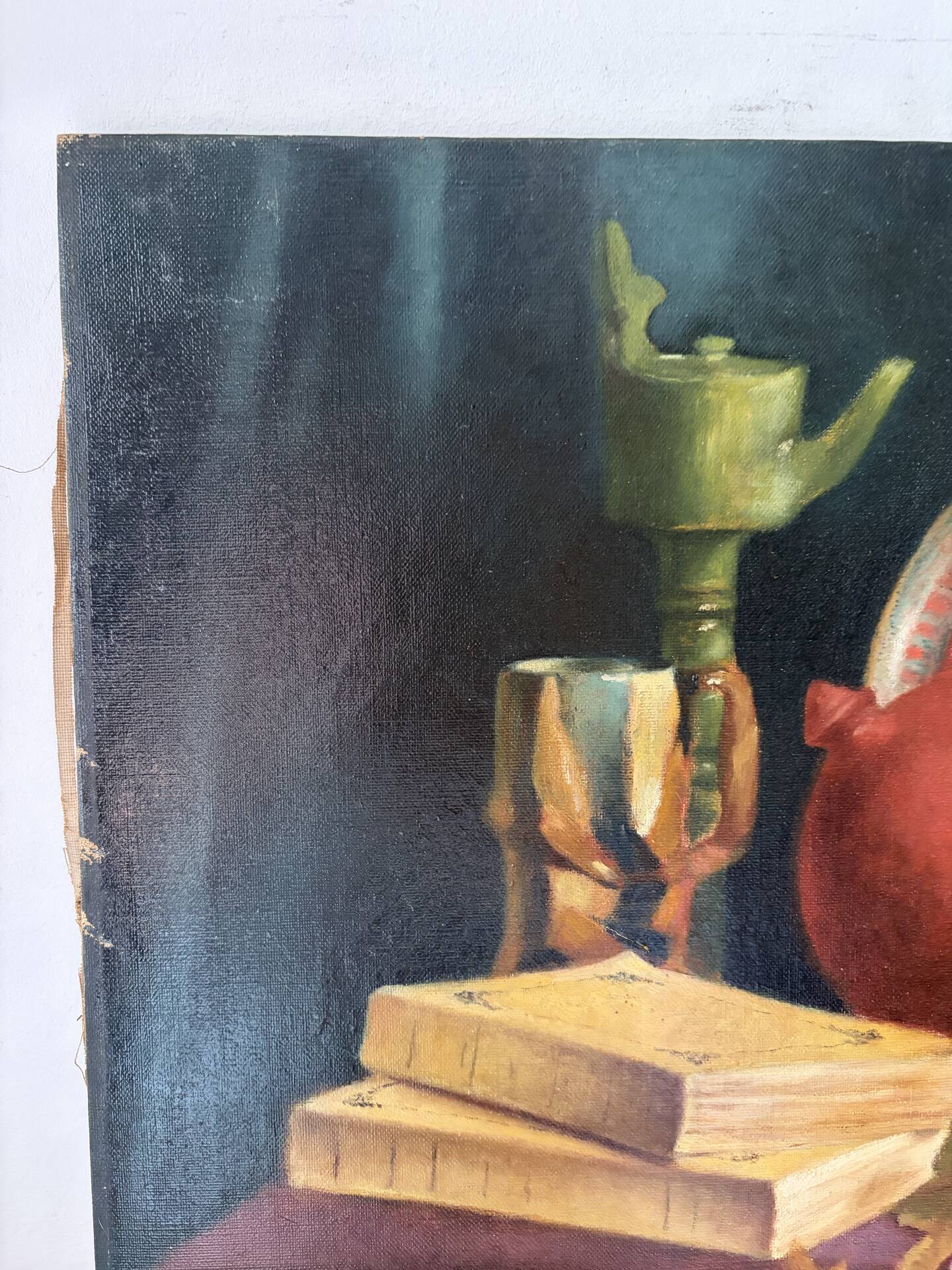 Still life with teapot and peacock feathers, oil on canvas signed