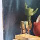 Still life with teapot and peacock feathers, oil on canvas signed