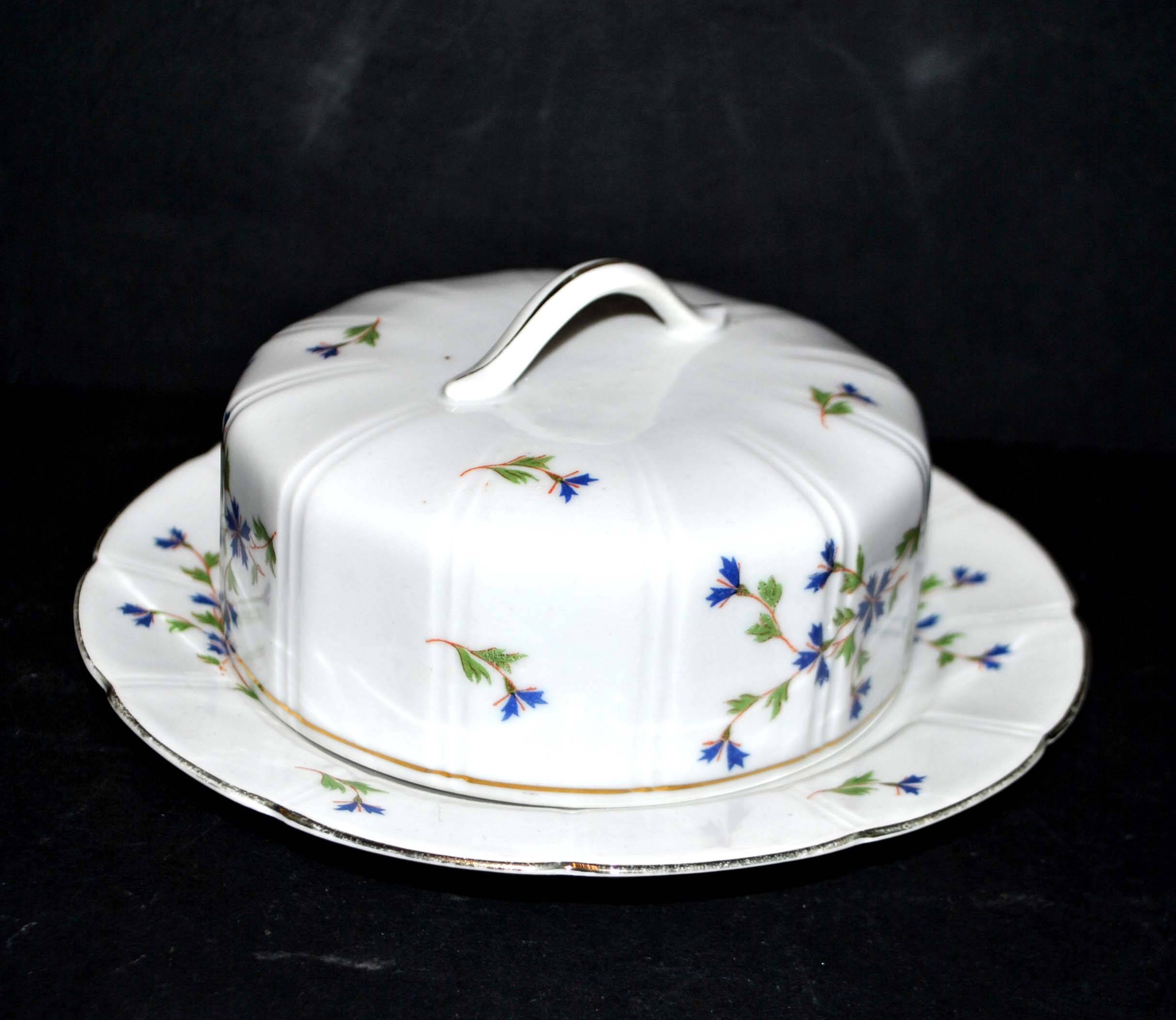 Porcelain bell - butter dish or cheese bell decorated with a cornflower seedling