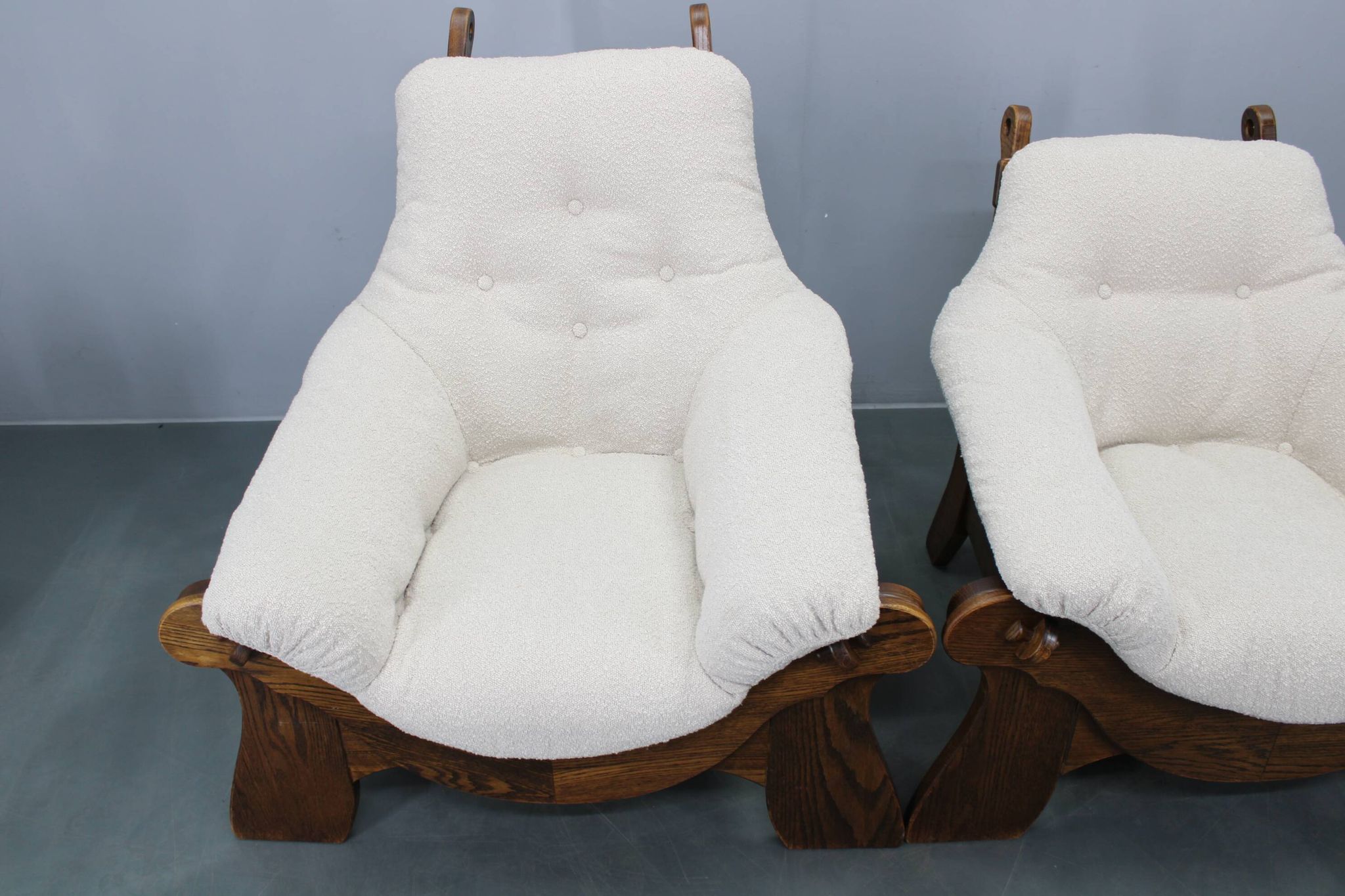 Pair of Brutalist oak armchairs, Czechoslovakia, 1970s