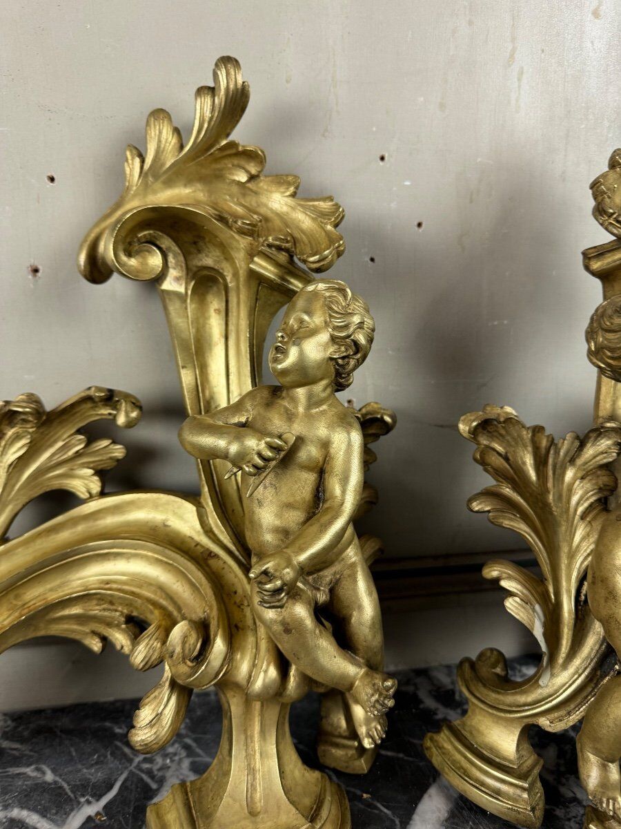 Paire de chenêts en bronze ciselé et doré d'après un modèle de Jacques Caffieri, Paris XIXème