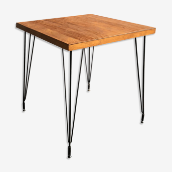 Table with natural wood top, iron legs, 1950s style