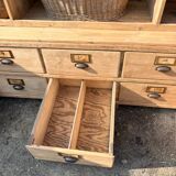 Large antique workshop furniture with drawers and shelves.