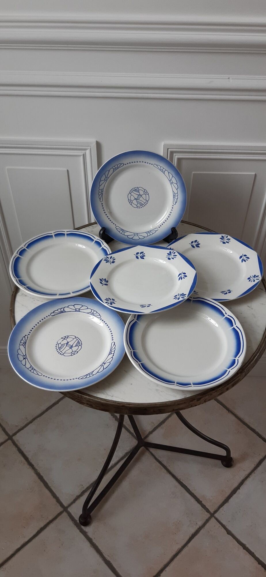 Set of 6 flat plates Digoin and Badonviller blue 30s