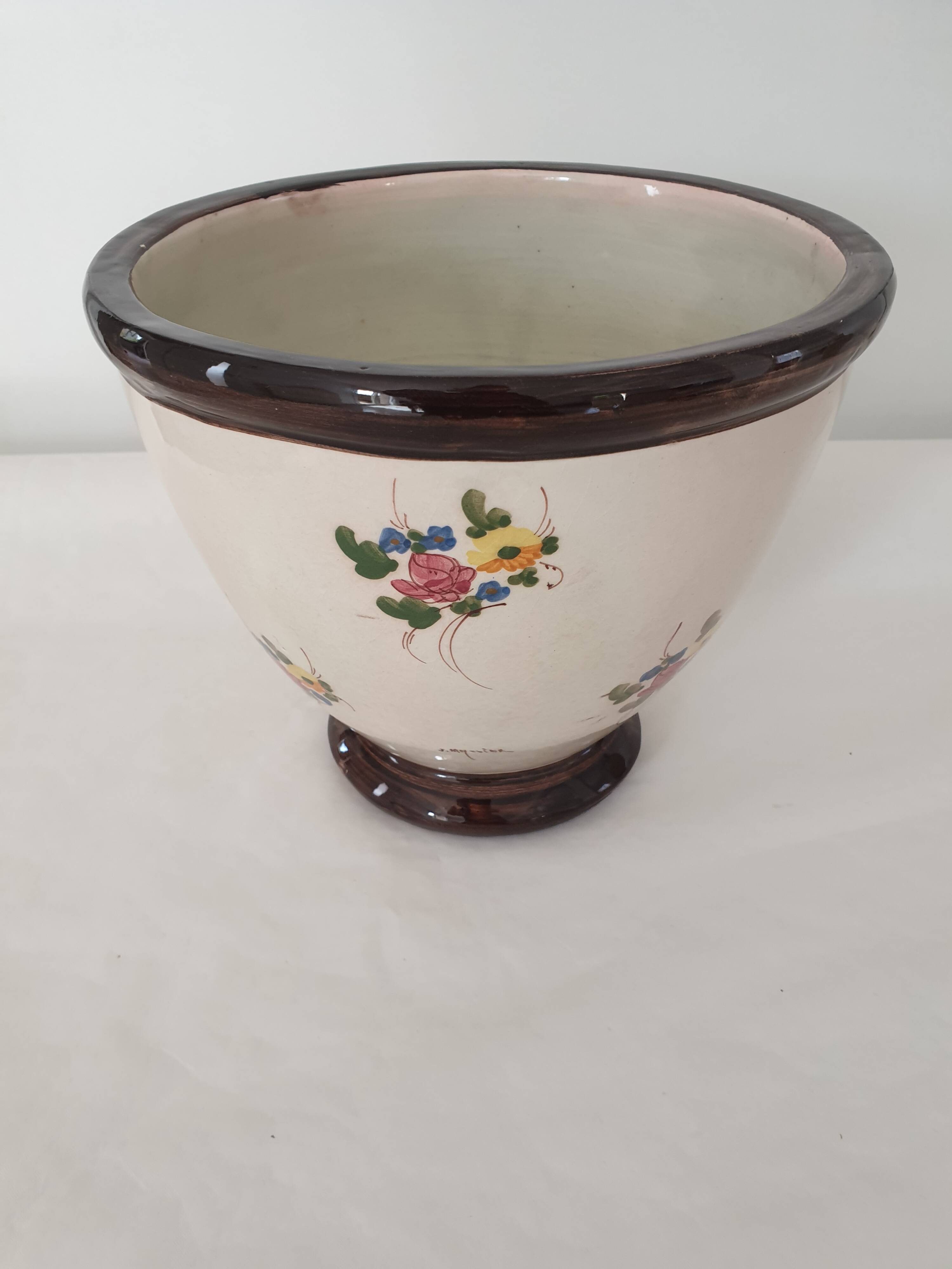 Large ceramic flowerpot with painted flower decoration Signed Massier Vallauris