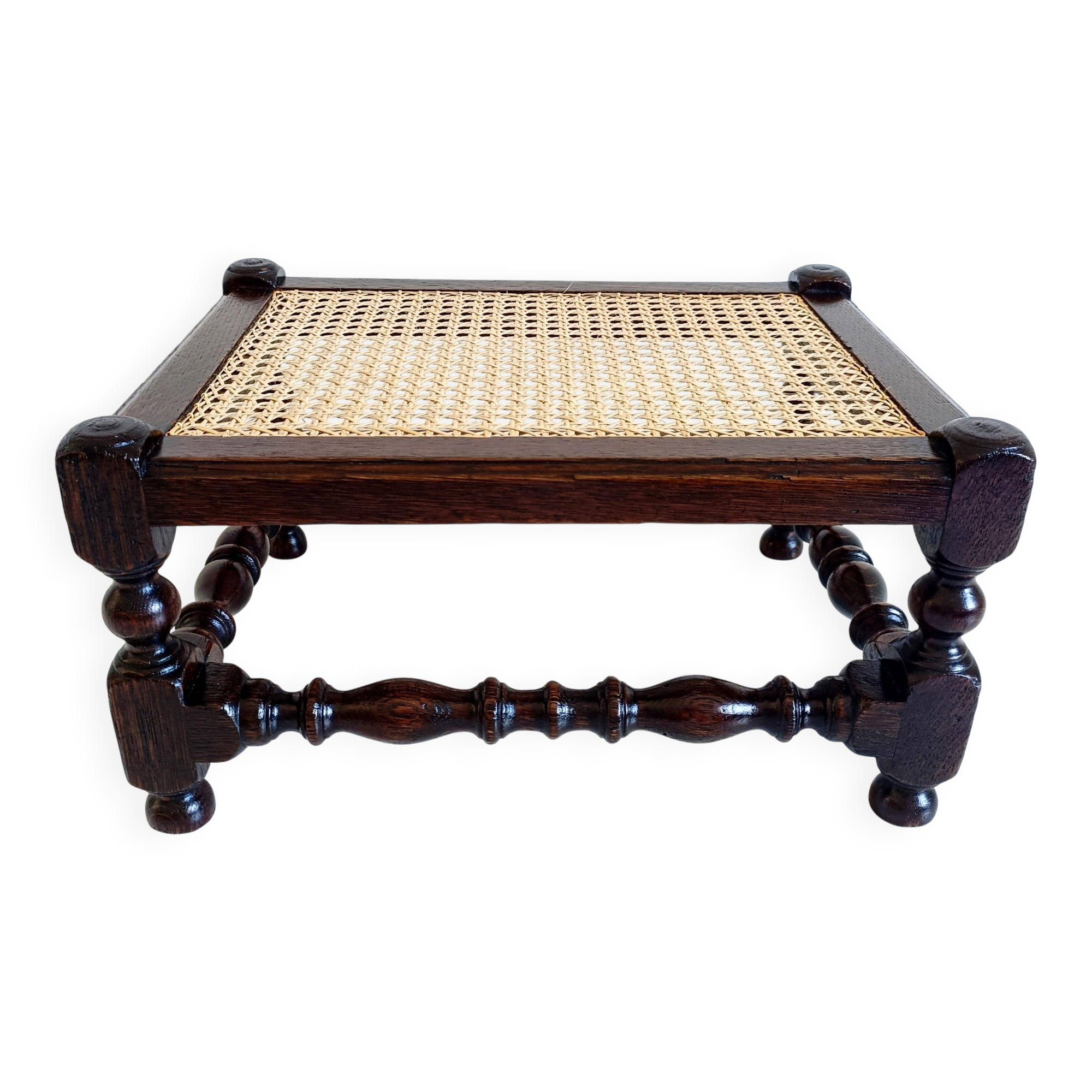 Antique Belle Epoque Oak Wood and Cane Footstool/ Occasional Table, late 19th-C