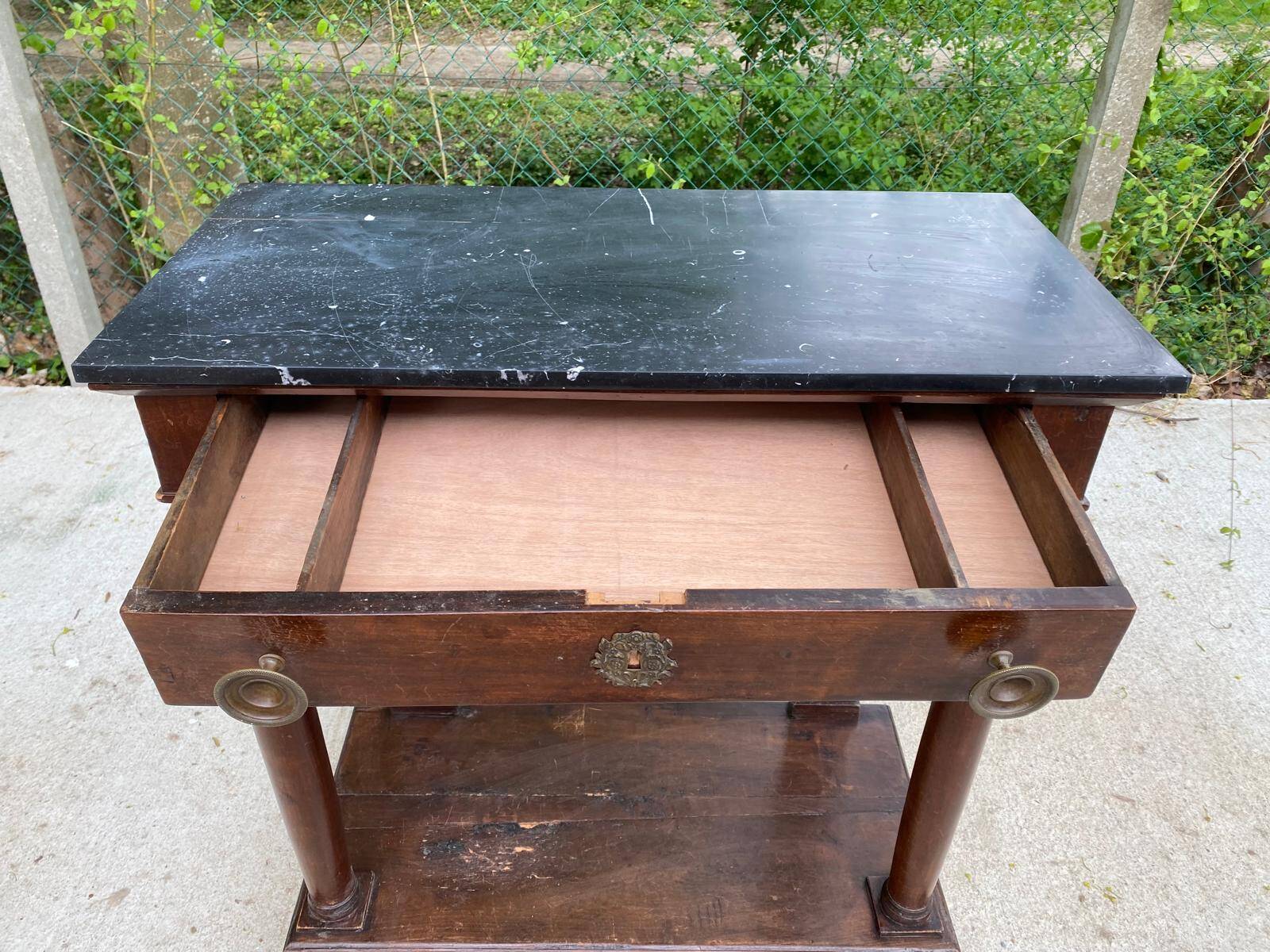 19th century empire console, solid wood and gray marble