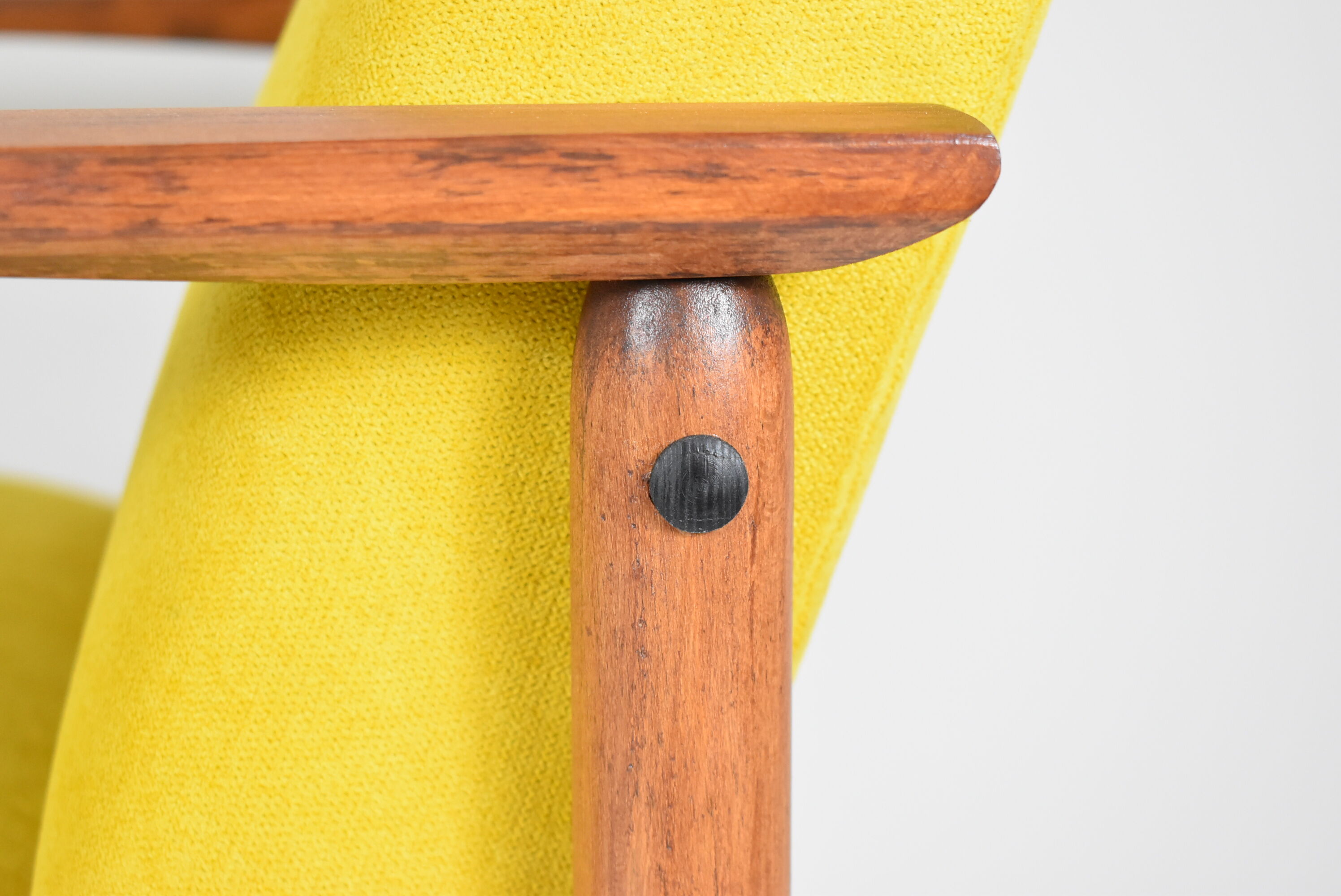 Vintage armchair yellow fabric, teak wood, 1960s