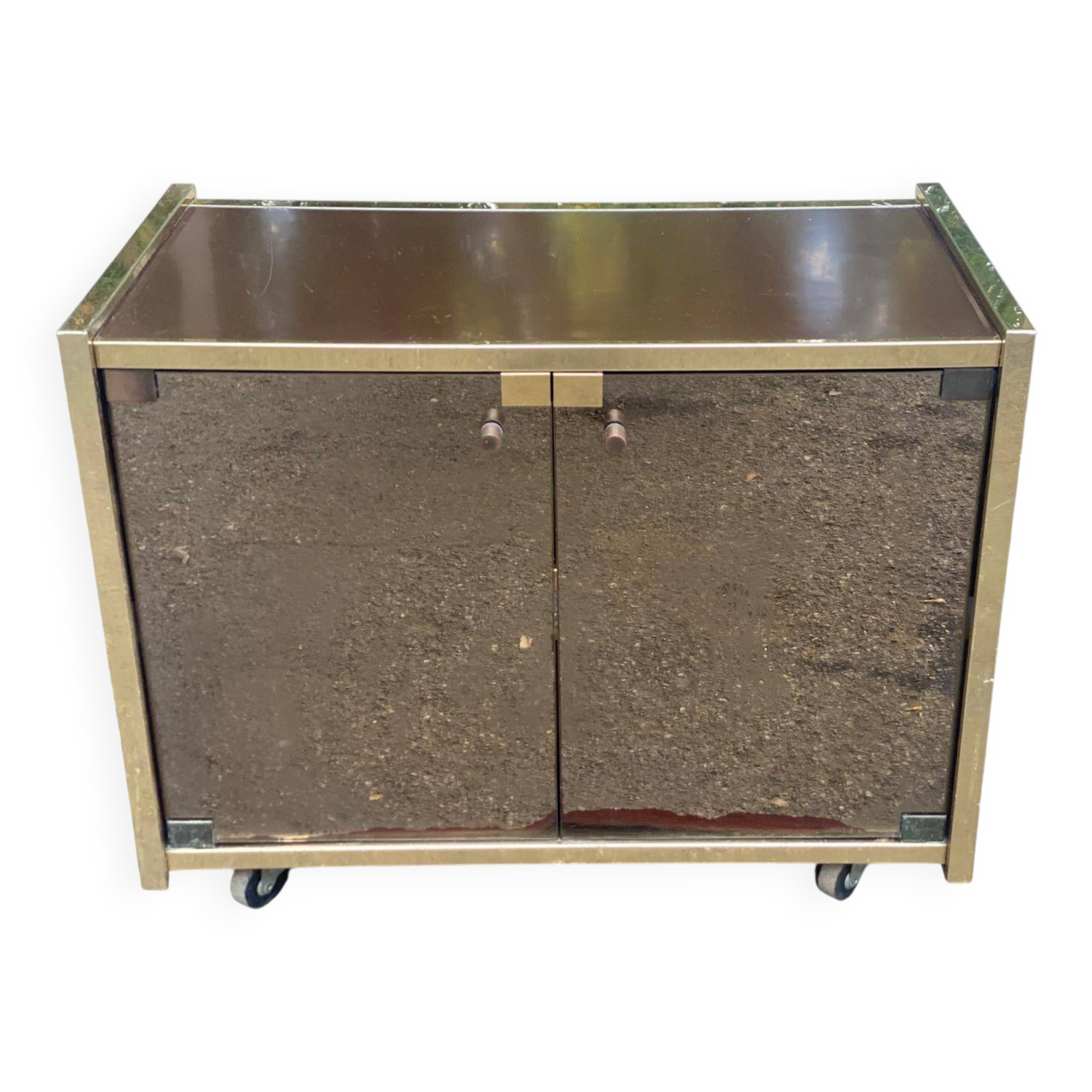 Vintage 70s TV cabinet Hi-Fi brass smoked glass on wheels Hollywood Reg