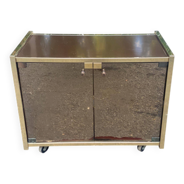 Vintage 70s TV cabinet Hi-Fi brass smoked glass on wheels Hollywood Reg