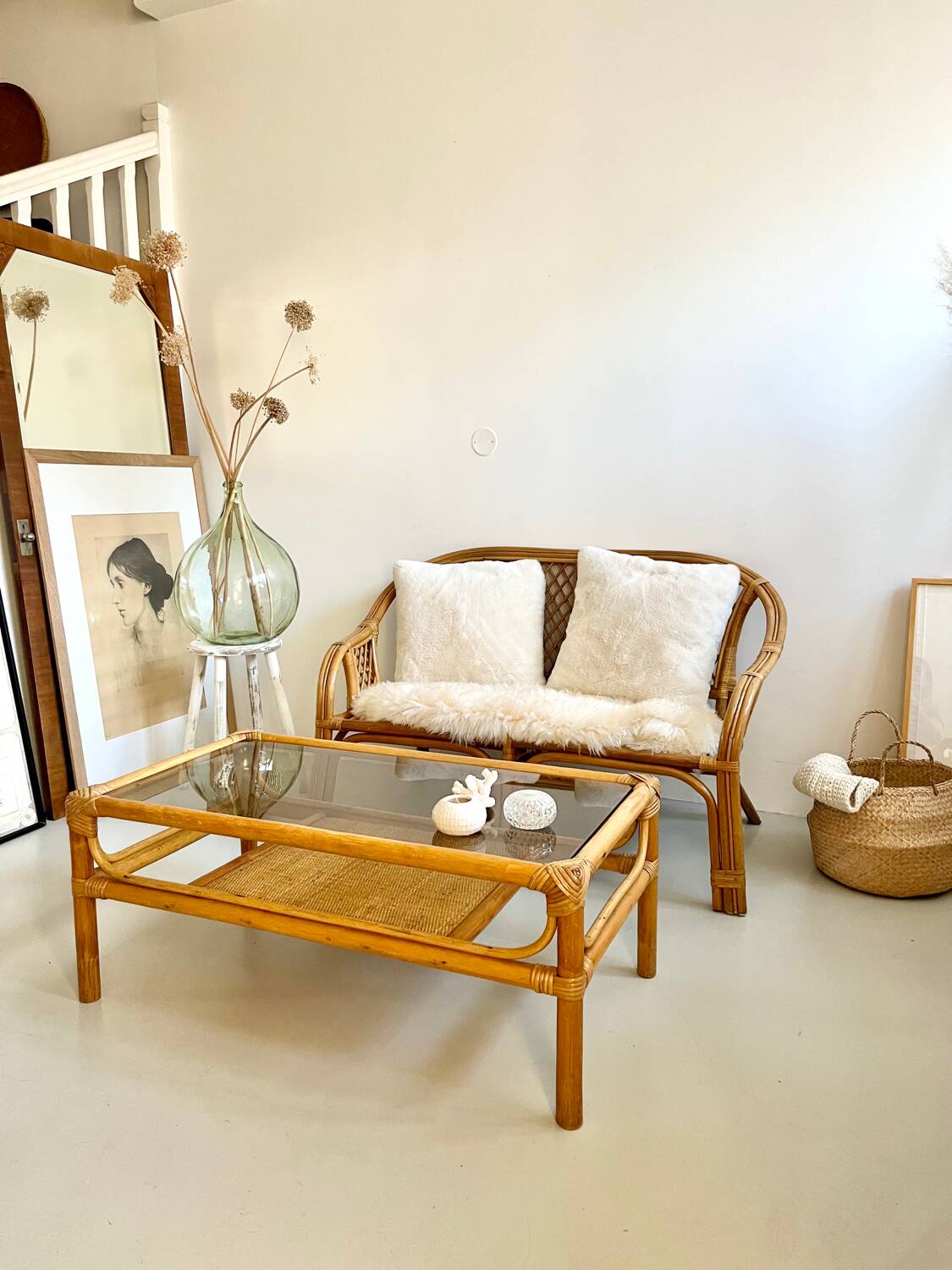 Coffee table 1960s/70s - smoked glass / bamboo / rattan / wicker