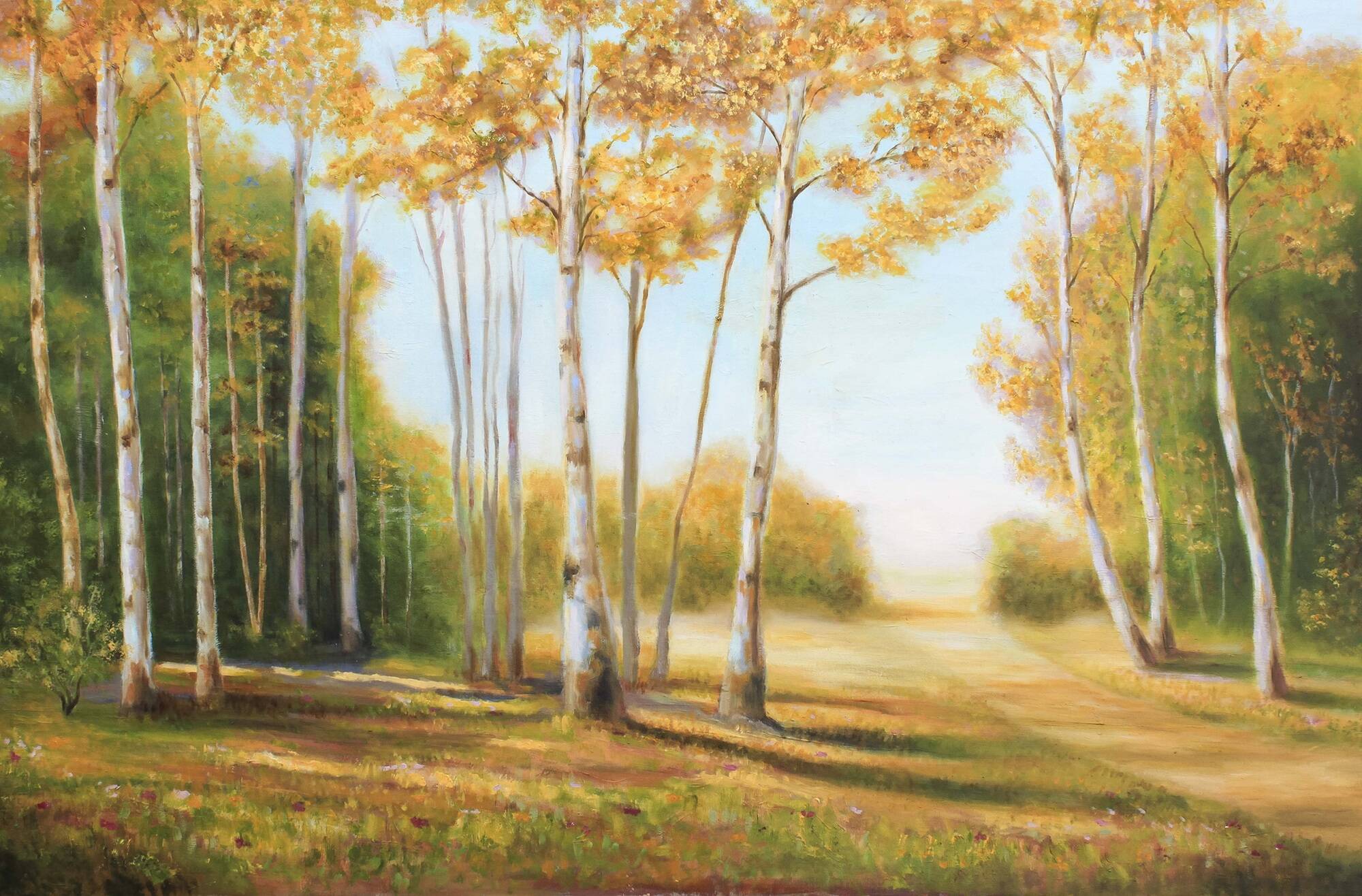 Cuadro con paisaje de álamos pintado al oleo sobre lienzo. Oil painting