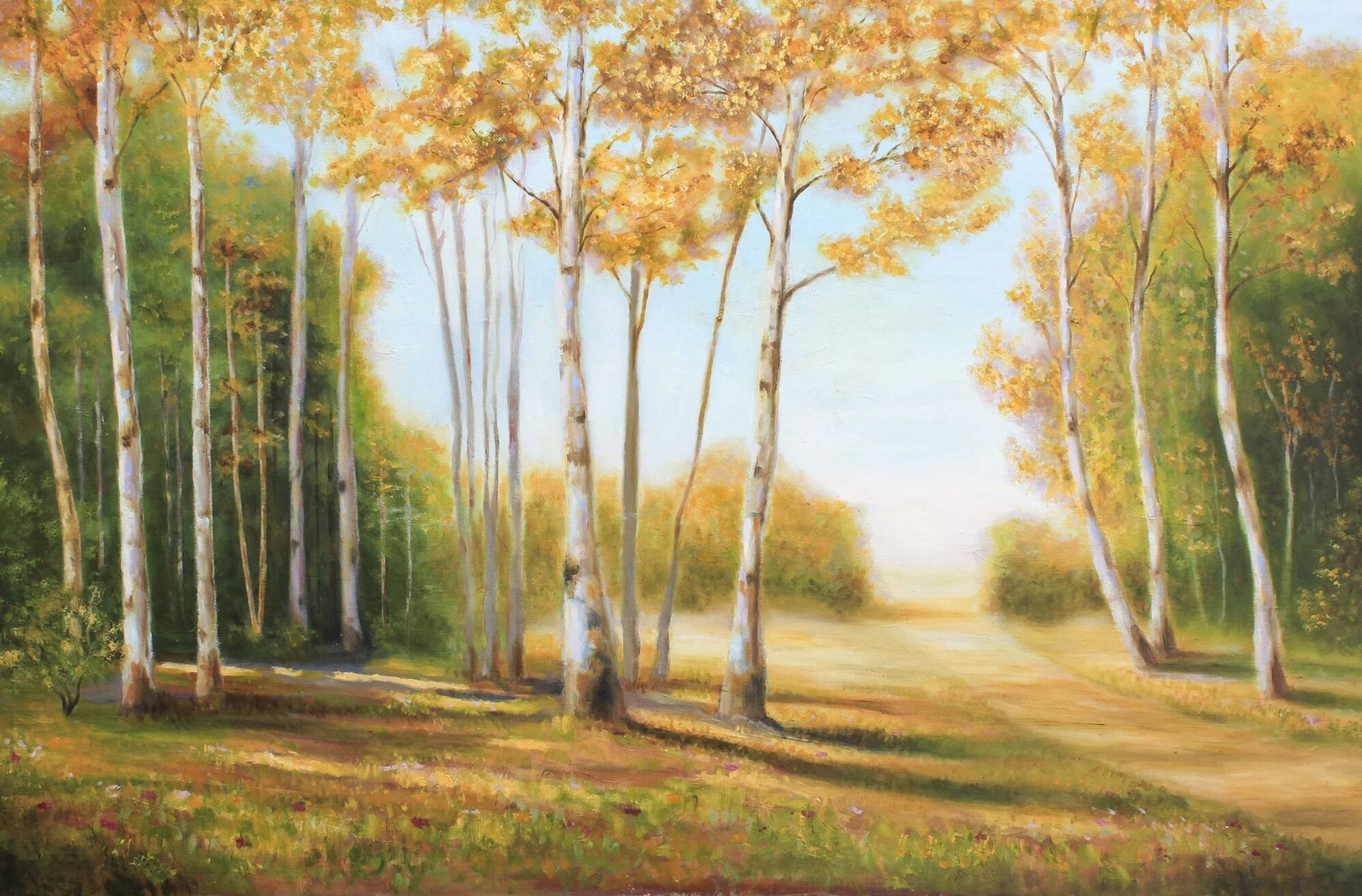 Cuadro con paisaje de álamos pintado al oleo sobre lienzo. Oil painting