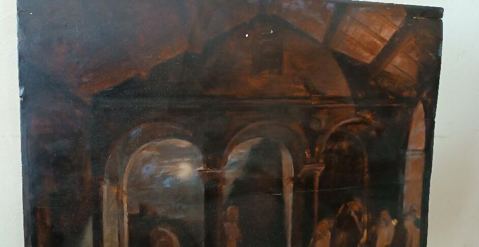 Ancient Table Large Sketch in Oil on Panel Convent of the Brothers 19th Century