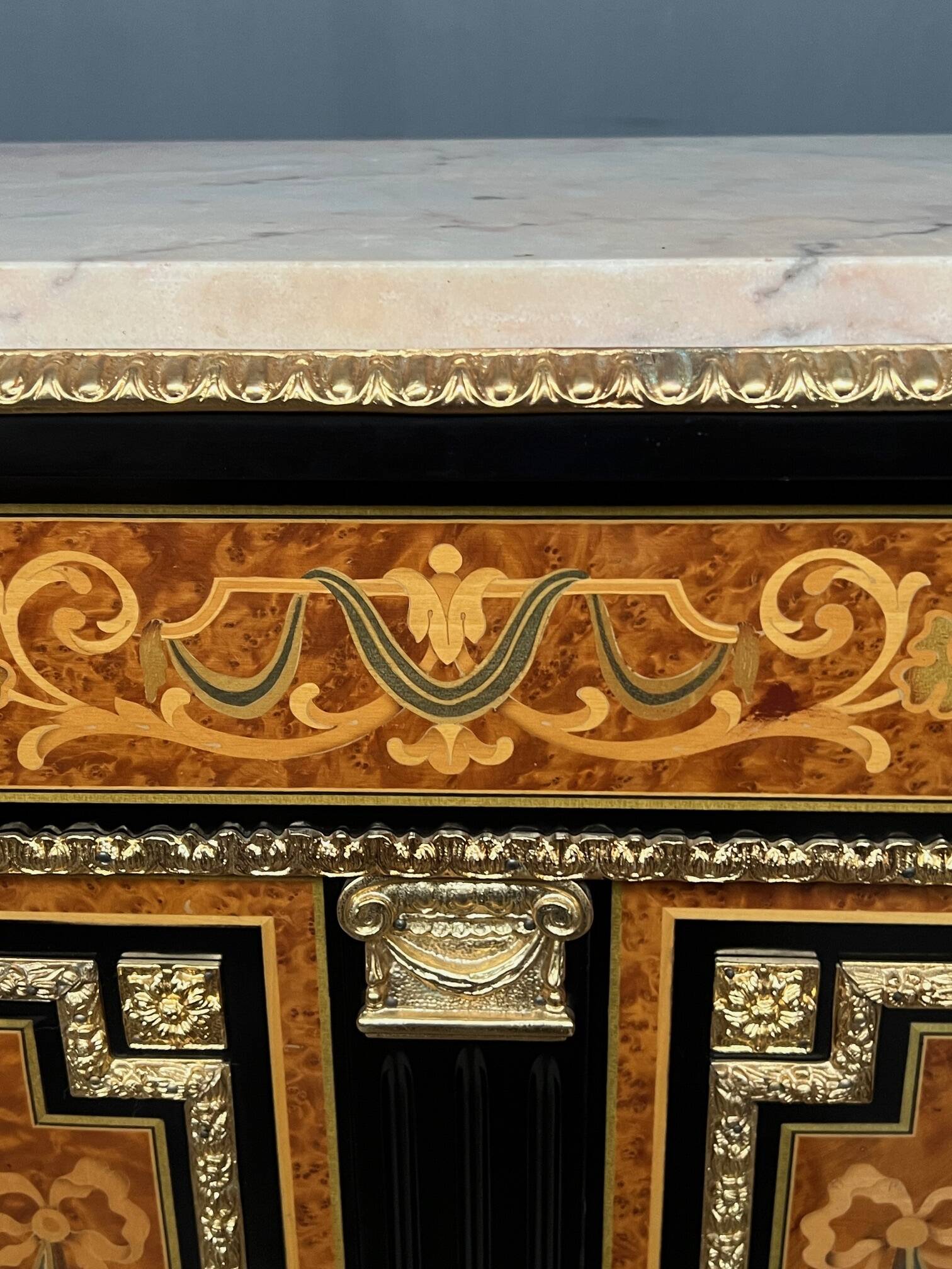 Two-door commode in Louis XVI style with marquetry and marble top.