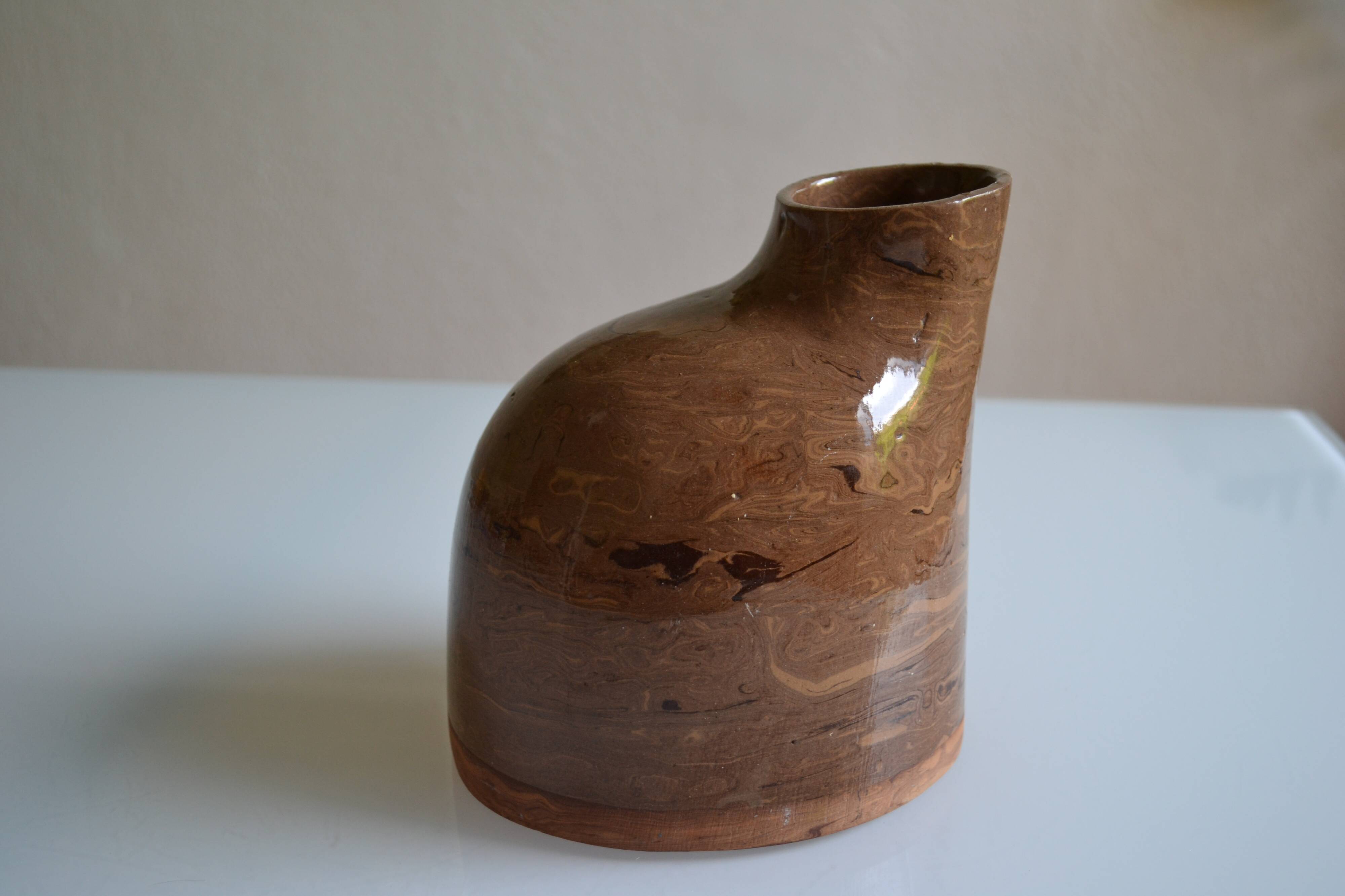 Bottle vase with an off-centre neck in ceramic, signature with a fish to be identified.