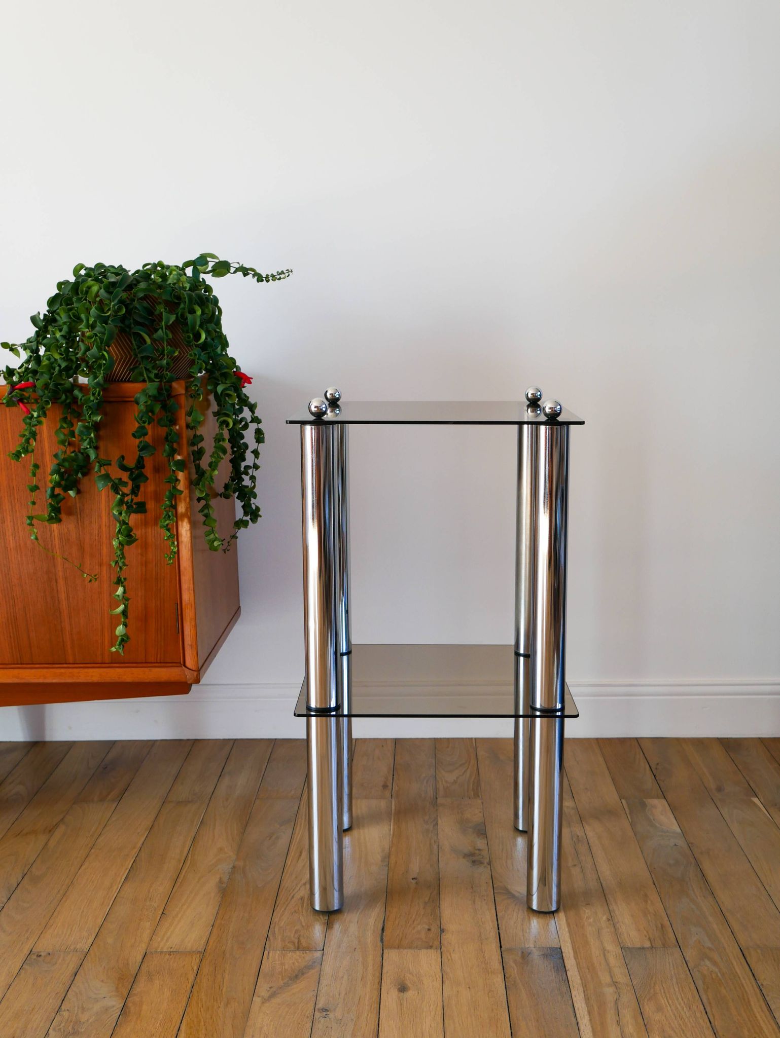 Bolster in chrome and smoked glass, double floors, Design, 1970