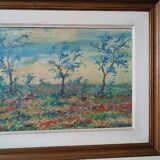 Peinture à l'huile sur panneau paysage campagne prairie fleurie signée