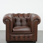 Brown cowhide leather Chesterfield club armchair in English style