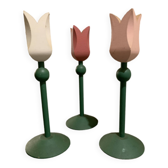 3 painted wooden tulip candle holders