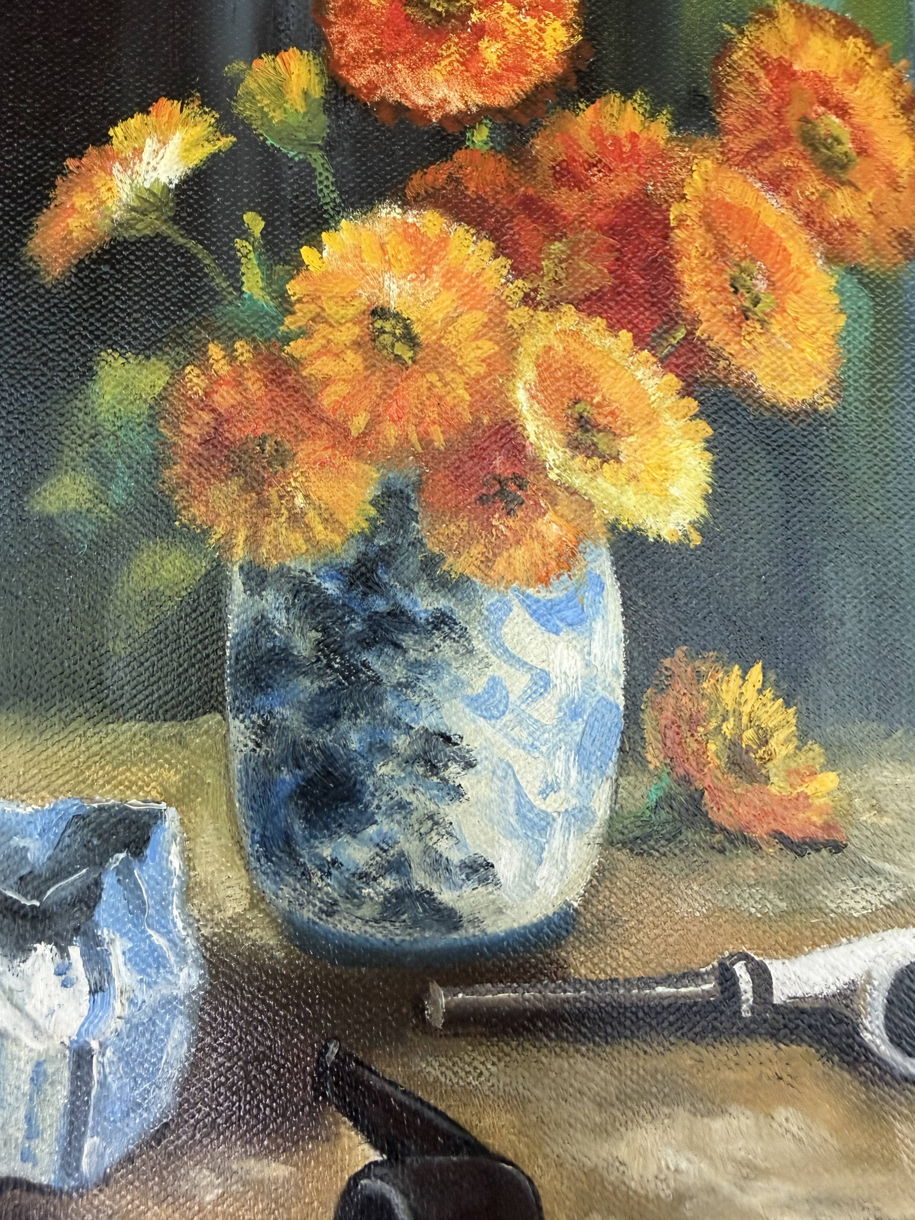 Vintage still life with flowers and pipes – Oil on canvas signed C. Riella