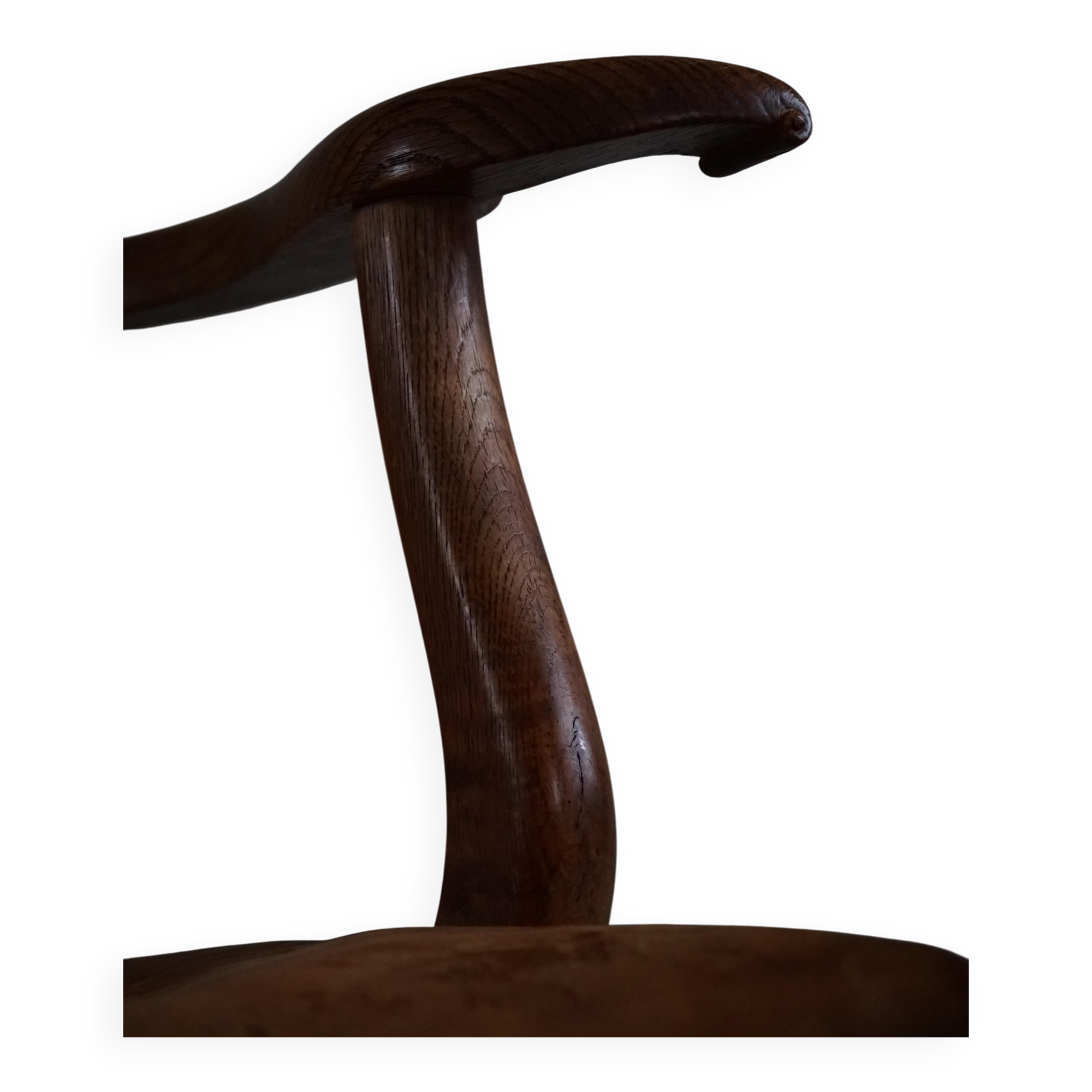 Vintage Sculptural Armchair in Oak and Leather, Danish Modern, 1940s