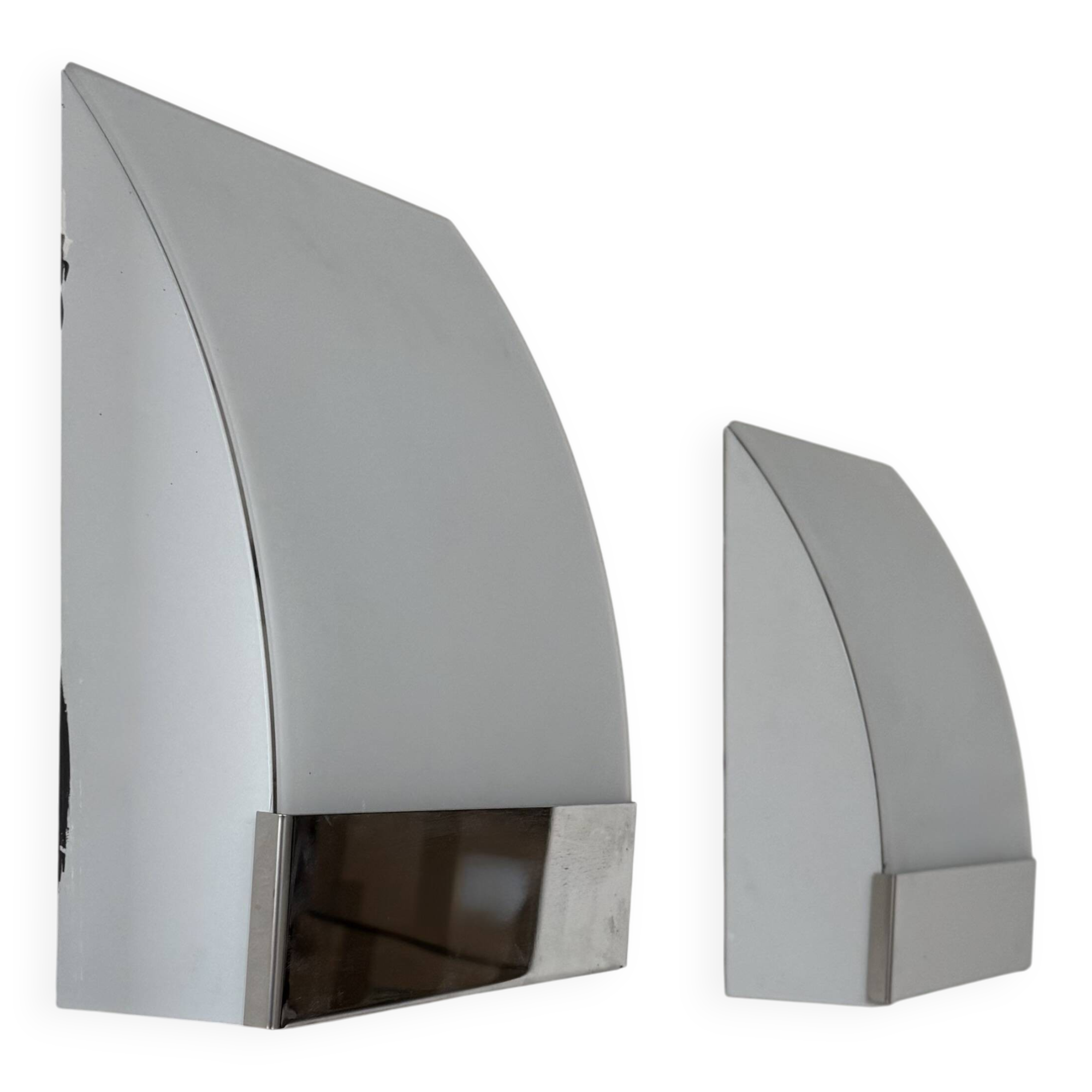 Pair of vintage wall lights, chrome-plated metal and frosted glass, France, 1980